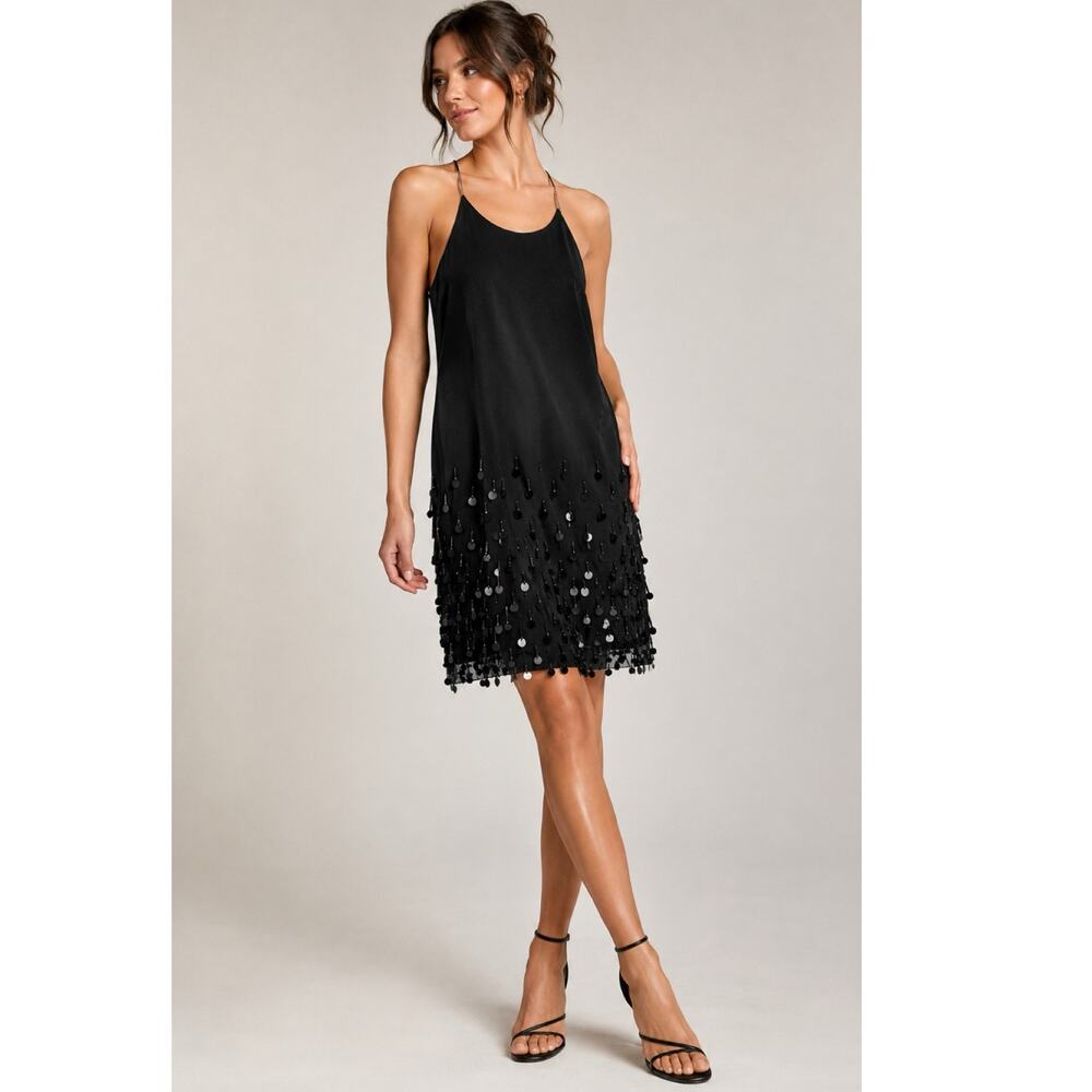 Vintage Cache Paillette Flapper Dress black Sz 12 90s Retro Great Gatsby Y2K